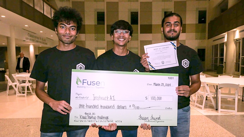 InstructAI founders and CS majors Arnav Chintawar, Dhruv Roongta, and Sahibpreet Singh earned a $100,000 offer for winning the Klaus Startup Challenge