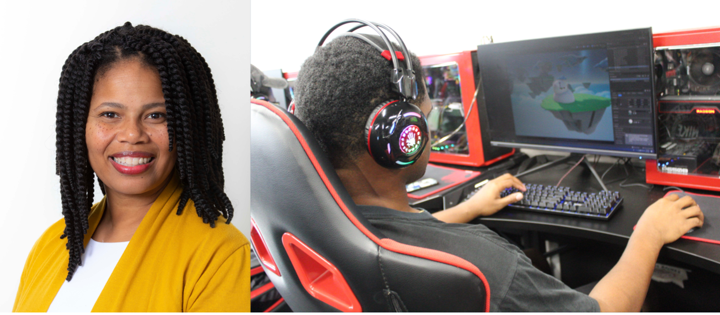 Yolanda Payne, founder of Tech Talent Prep, smiles besides an image of a student with headphones on while he's playing on a professional gaming system.