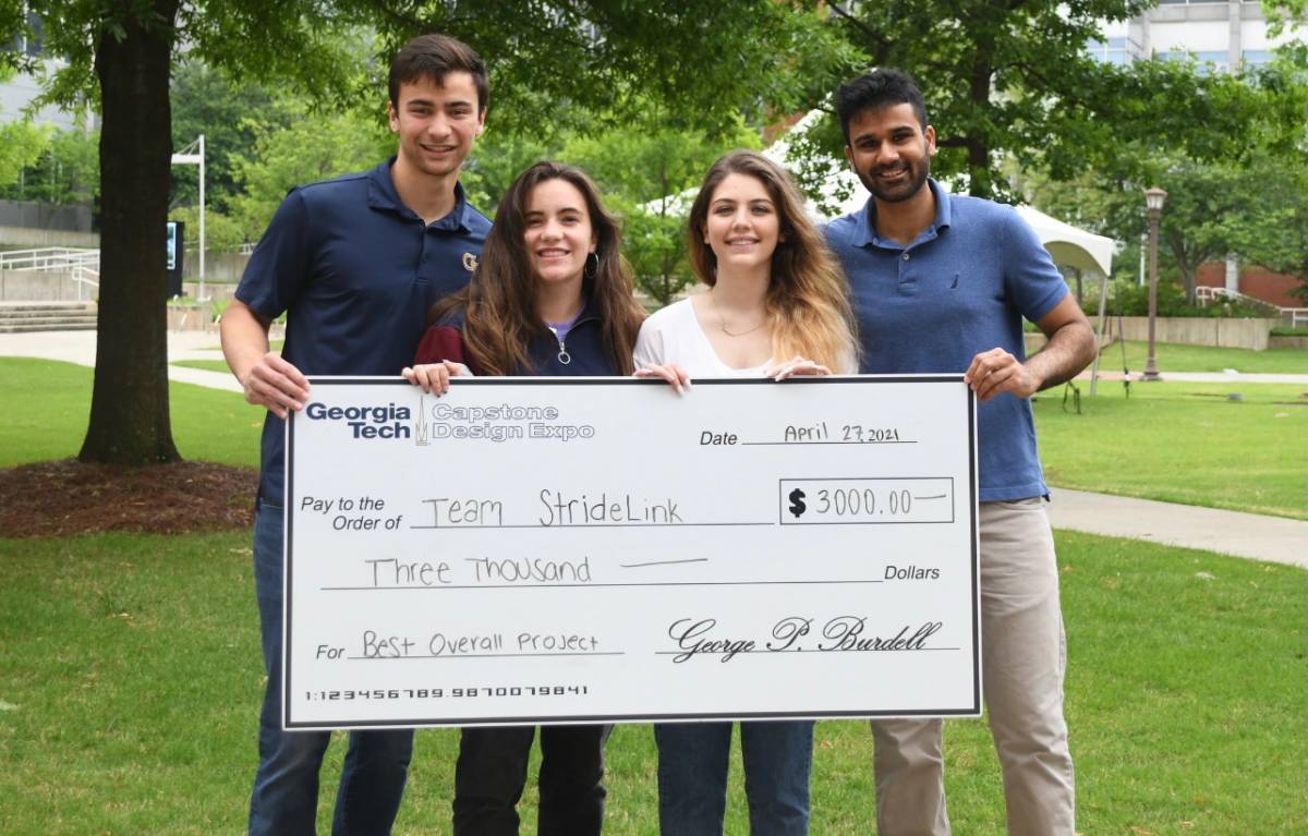 Team StrideLink — Tony Wineman, Cassie McIltrot, Zea Khorramabadi, and Neel Narvekar — won best overall project at the Spring 2021 Capstone Design Expo.