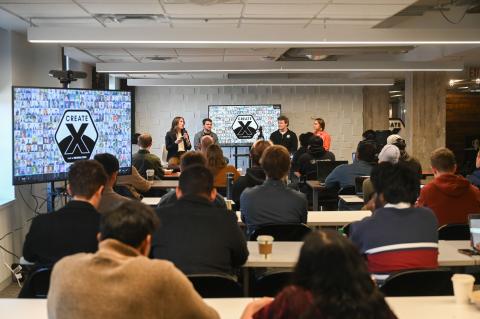 CREATE-X Spring Startup Launch participants listen as Startup Launch alumni speak about their startup experience at Spring Launch 2026 kickoff.